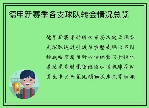 德甲新赛季各支球队转会情况总览